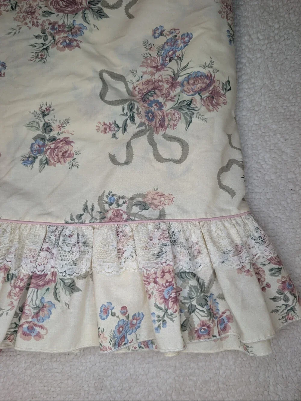 Vintage Flat Sheet Full Floral Ruffle Lace Shabby French Country Cottagecore